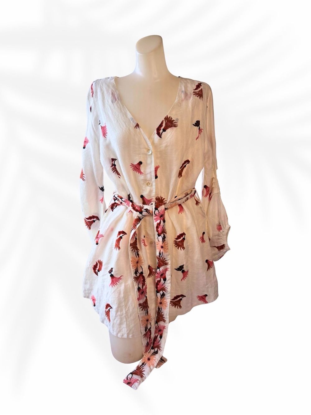 Hannah Artwear Linen Embroidered Dress White Pink Bird Belted Mini Dress Size 0